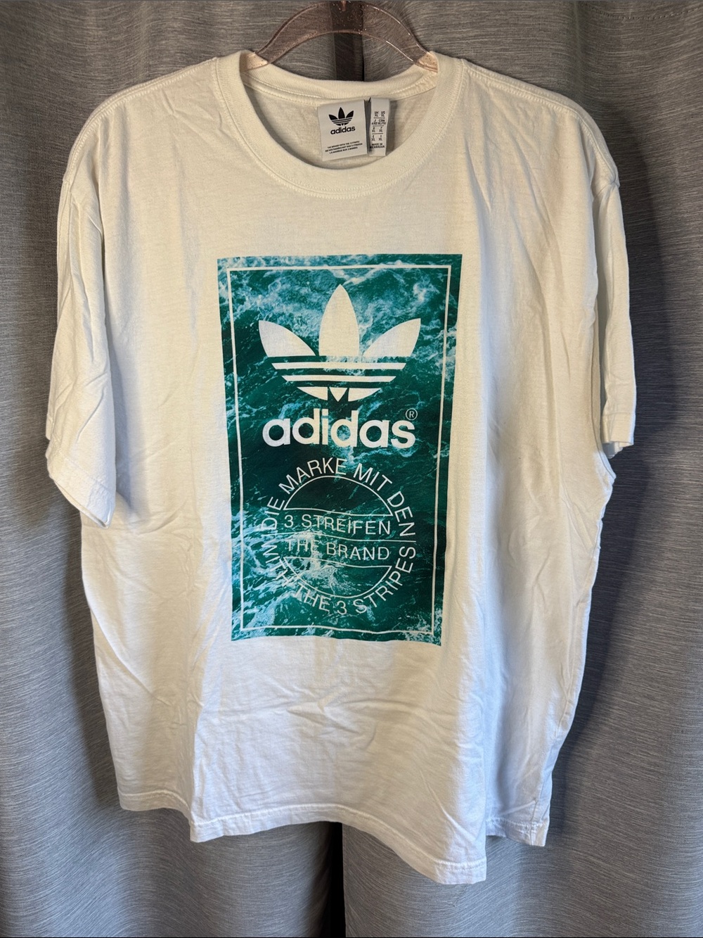adidas White Tee with Teal Graphic Trefoil